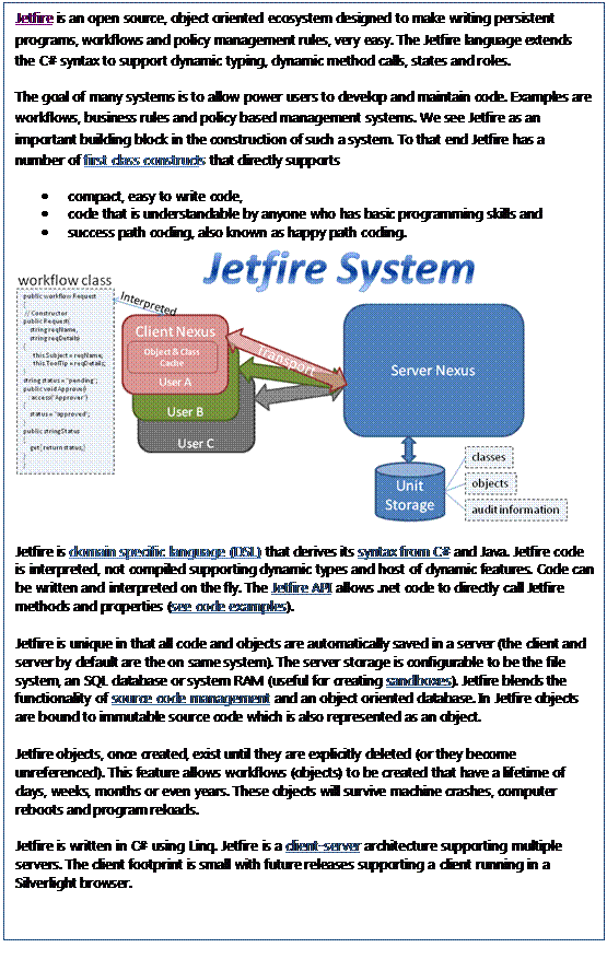 Text Box: Jetfire is an open source, object oriented ecosystem designed to make writing persistent programs, workflows and policy management rules, very easy. The Jetfire language extends the C# syntax to support dynamic typing, dynamic method calls, states and roles. 
The goal of many systems is to allow power users to develop and maintain code. Examples are workflows, business rules and policy based management systems. We see Jetfire as an important building block in the construction of such a system. To that end Jetfire has a number of first class constructs that directly supports 
	compact, easy to write code, 
	code that is understandable by anyone who has basic programming skills and 
	success path coding, also known as happy path coding. 
 
Jetfire is domain specific language (DSL) that derives its syntax from C# and Java. Jetfire code is interpreted, not compiled supporting dynamic types and host of dynamic features. Code can be written and interpreted on the fly. The Jetfire API allows .net code to directly call Jetfire methods and properties (see code examples).

Jetfire is unique in that all code and objects are automatically saved in a server (the client and server by default are the on same system). The server storage is configurable to be the file system, an SQL database or system RAM (useful for creating sandboxes). Jetfire blends the functionality of source code management and an object oriented database. In Jetfire objects are bound to immutable source code which is also represented as an object.

Jetfire objects, once created, exist until they are explicitly deleted (or they become unreferenced). This feature allows workflows (objects) to be created that have a lifetime of days, weeks, months or even years. These objects will survive machine crashes, computer reboots and program reloads.

Jetfire is written in C# using Linq. Jetfire is a client-server architecture supporting multiple servers. The client footprint is small with future releases supporting a client running in a Silverlight browser.

